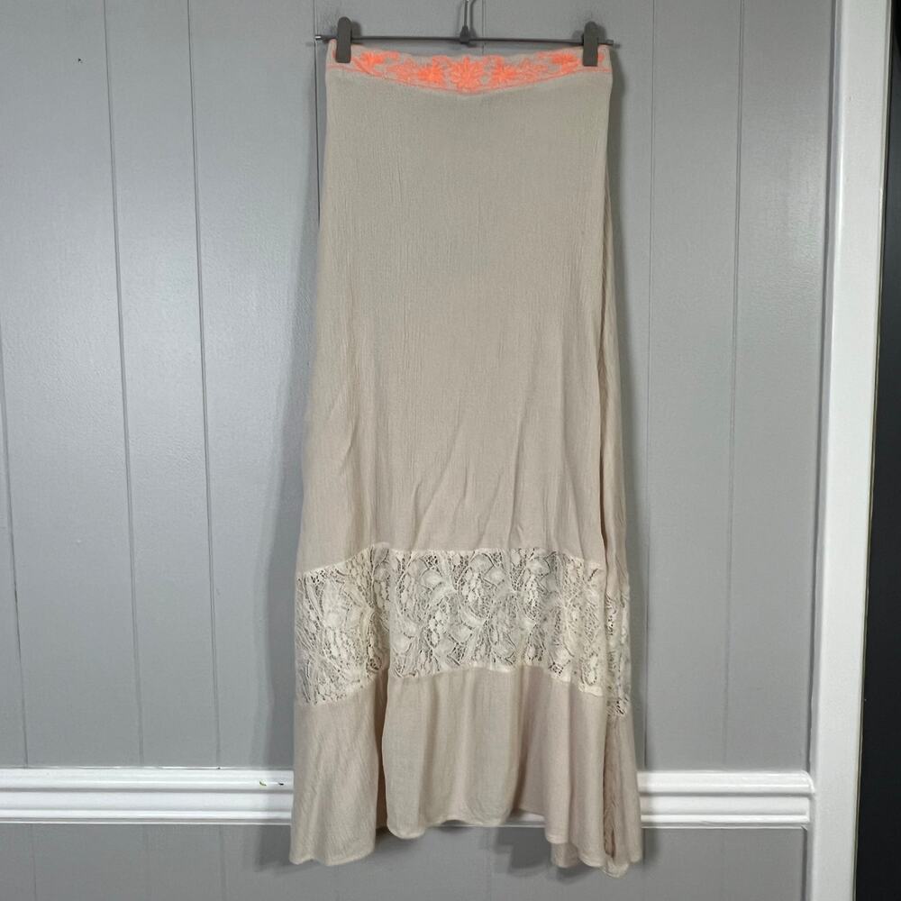 Flying Tomato Maxi Skirt Medium Beige Lace Boho Embroidered Elastic Waist